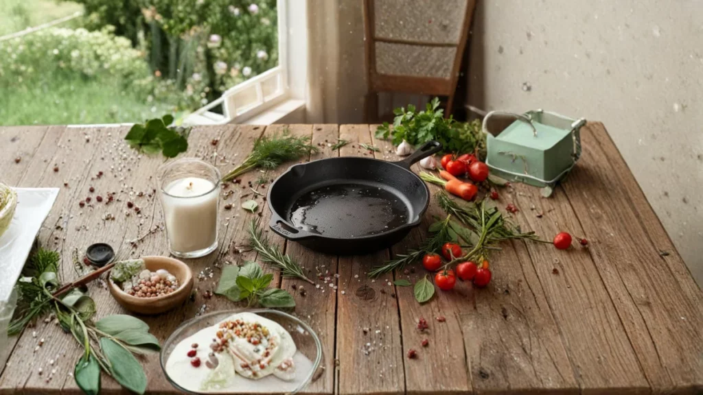 patelnia oraz różne składniki poukładane na kuchennym blacie