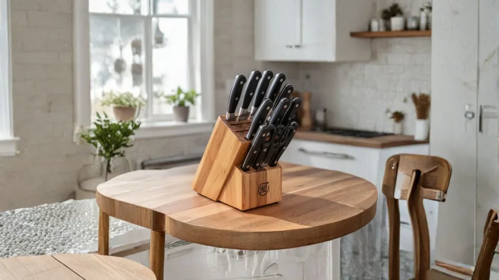 noże kuchenne na blacie w kuchni, umieszczone w drewnianym bloku na noże