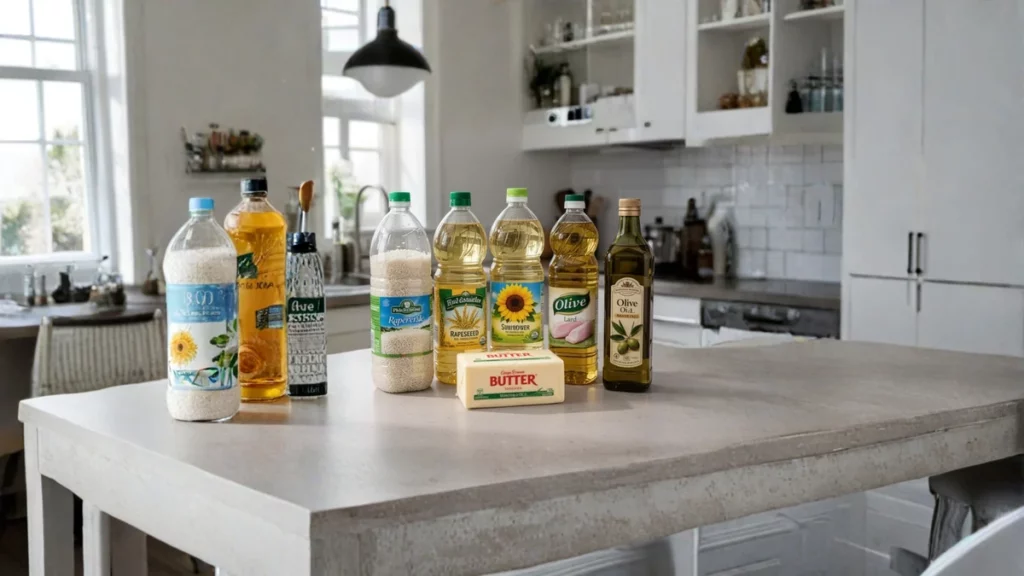 różne rodzaje tłuszczów kuchennych ustawione na blacie w kuchni