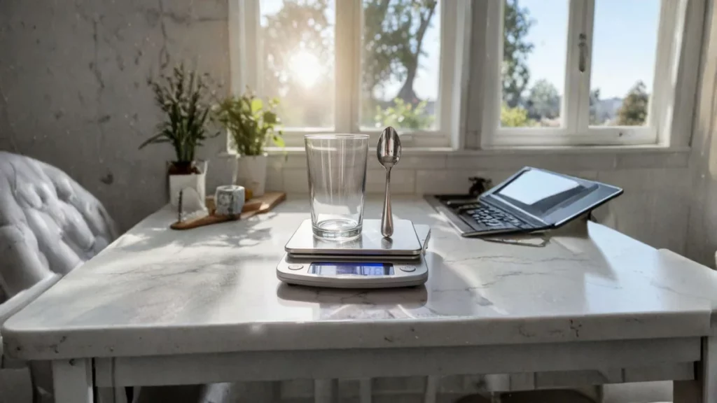 waga kuchenna stojąca na kuchennym blacie