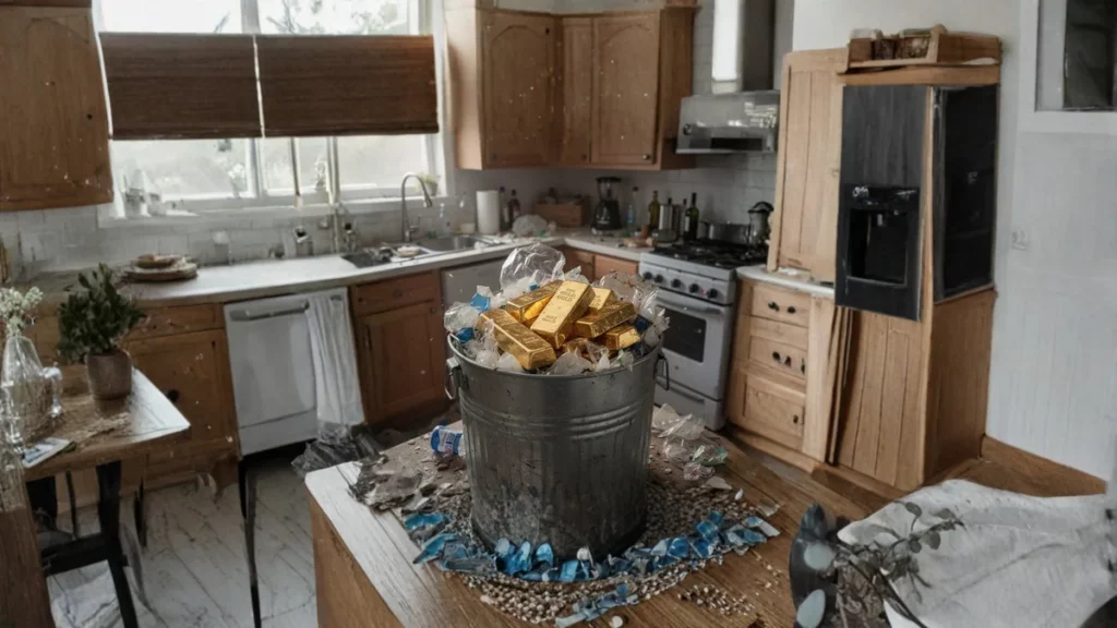 kosz ze złotem ustawiony na kuchennym blacie